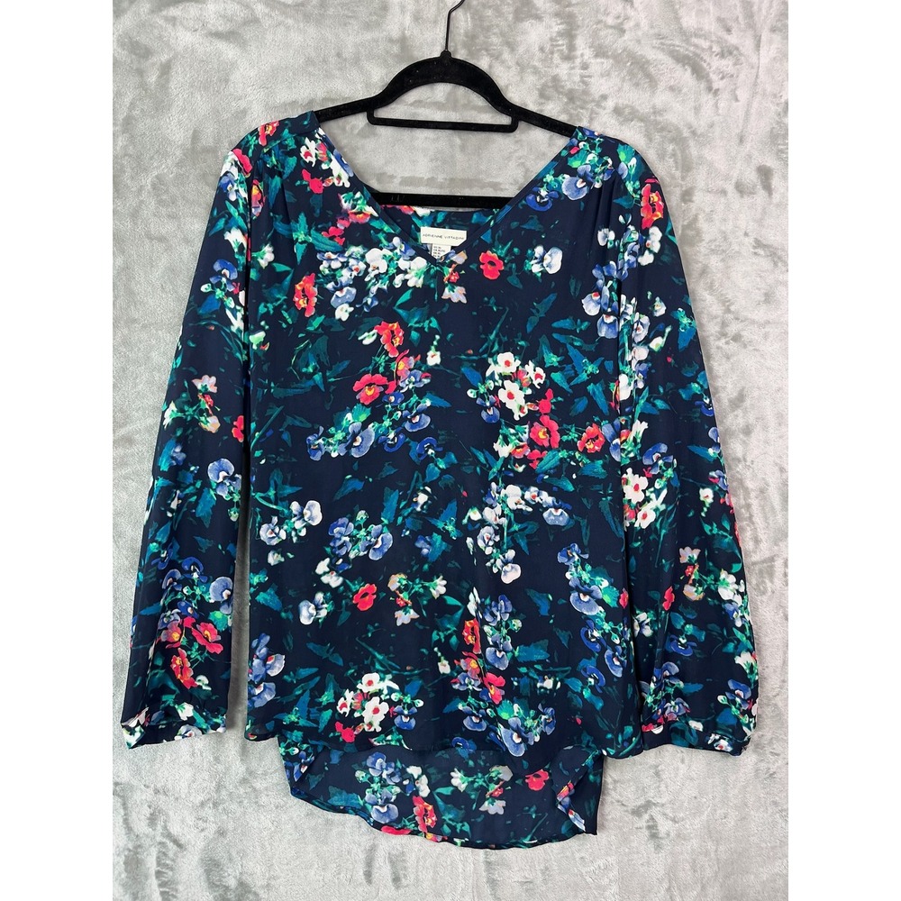 Adrienne Vittadini Blouse Womens XL Navy Floral V Neck Long Sleeve Hi Lo Top